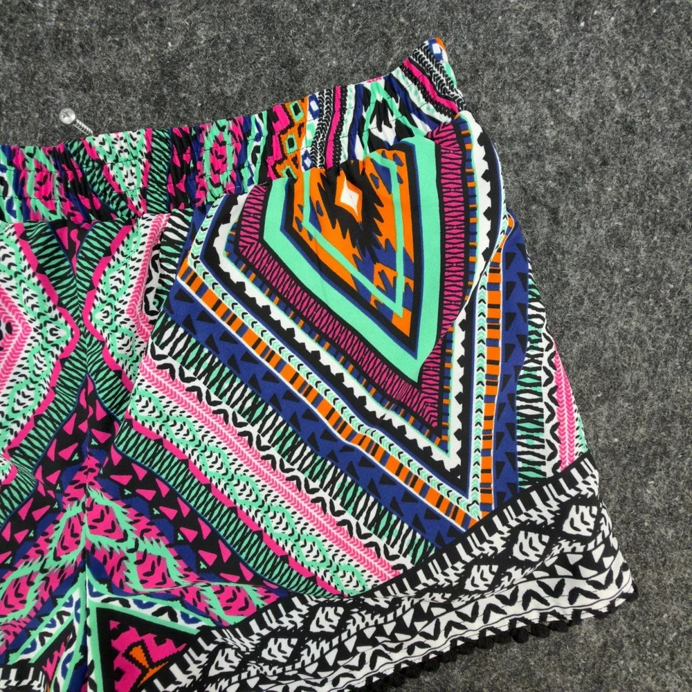 My Michelle Tribal Shorts NWT Womens L Multicolor Lace Up Pom Pom Hem